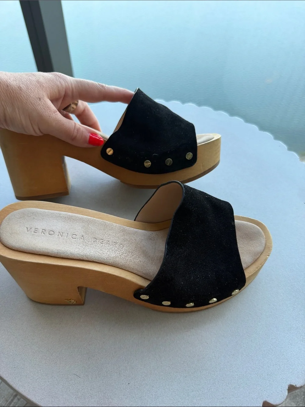 Suede slide sandals, Veronica Beard Hannalee wooden platform clogs